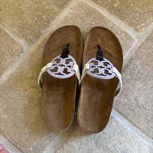 Tory Burch White Sandals with Light Purple Logo Medallions